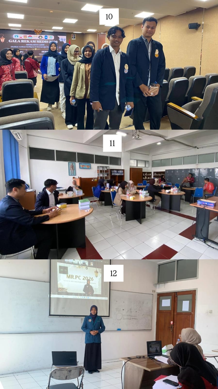 Keterangan : Gambar 10 Peserta Rolling menuju ruangan lomba masing - masing, Gambar 11 Persiapan Peserta Lomba MR.Coding, MR.Poster dan MR.Speech, Gambar 12 Berlangsungnya Lomba MR.Coding, MR.Poster dan MR.Speech